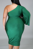 Grünes, elegantes, solides Patchwork-One-Shoulder-Kleid in A-Linie in Übergröße