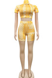 Yellow Sexy Print O Neck Short Sleeve Short Two Pieces