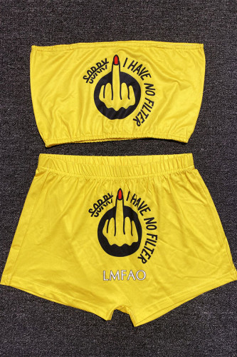 Yellow Sexy Print Strapless Sleeveless Short Two Pieces
