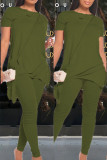 Verde militar Elegante Sólido O Cuello Dos piezas