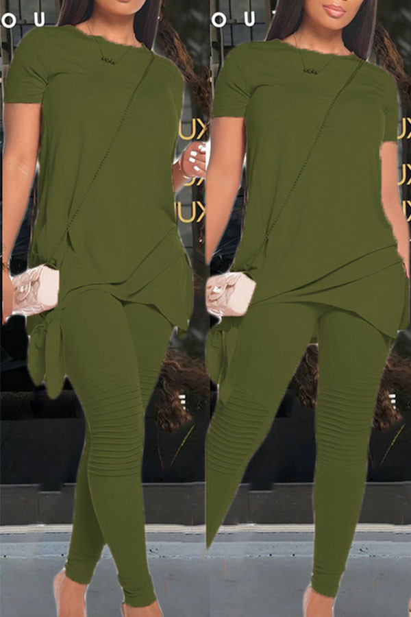 Армейско-зеленый элегантный однотонный комплект из двух предметов с круглым вырезом