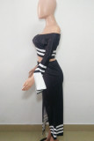 Черный сексуальный полосатый однотонный с высоким отверстием без бретелек с длинным рукавом и расклешенными рукавами, короткие две части
