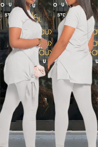 Gris Élégant Polyester Solide O Cou Deux Pièces