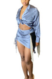 Blue Sexy Print Solid V Neck Long Sleeve Short Two Pieces