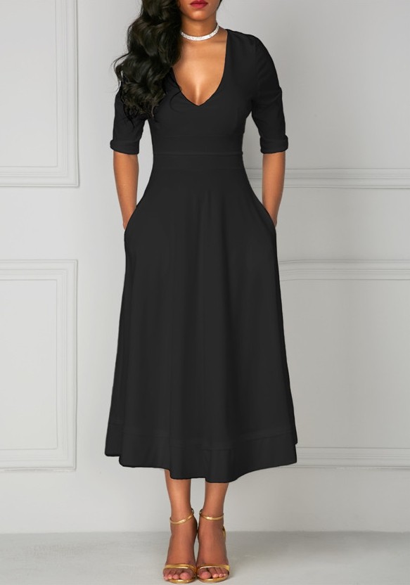 Black Brief Cute V-Neck Half Sleeve Loose Long Club Dresses
