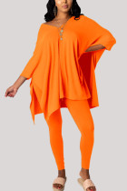 Orange Fashion Casual Adult Milk Fiber Solid Slit V Neck Three Quarter Batwing Sleeve Long Two Pieces