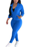 Royal blue Fashion Sexy Adult Patchwork Solid Patchwork Turndown Collar Long Sleeve Regular Sleeve Regular Two Pieces