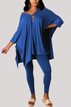 Blue Fashion Casual Adult Milk Fiber Solid Slit V Neck Three Quarter Batwing Sleeve Long Two Pieces