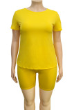 Yellow Fashion Casual Adult Solid O Neck Plus Size 