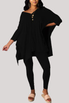 Black Fashion Casual Adult Milk Fiber Solid Slit V Neck Three Quarter Batwing Sleeve Long Two Pieces