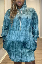 Blue Fashion Daily Adult Polyester Tie Dye Tie-dye Hooded Collar Pencil Skirt Plus Size 
