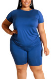Blue Fashion Casual Adult Solid O Neck Plus Size 