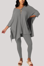Grey Fashion Casual Adult Milk Fiber Solid Slit V Neck Three Quarter Batwing Sleeve Long Two Pieces
