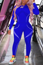 Azul Royal Moda Sexy Adulto Senhora Patchwork Estampado Duas Peças Ternos Lápis Manga Longa Duas Peças
