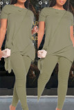 Army Green Elegant Solid O Neck Two Pieces