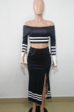 Black Sexy Striped Solid High Opening Strapless Long Sleeve Flare Sleeve Short Two Pieces