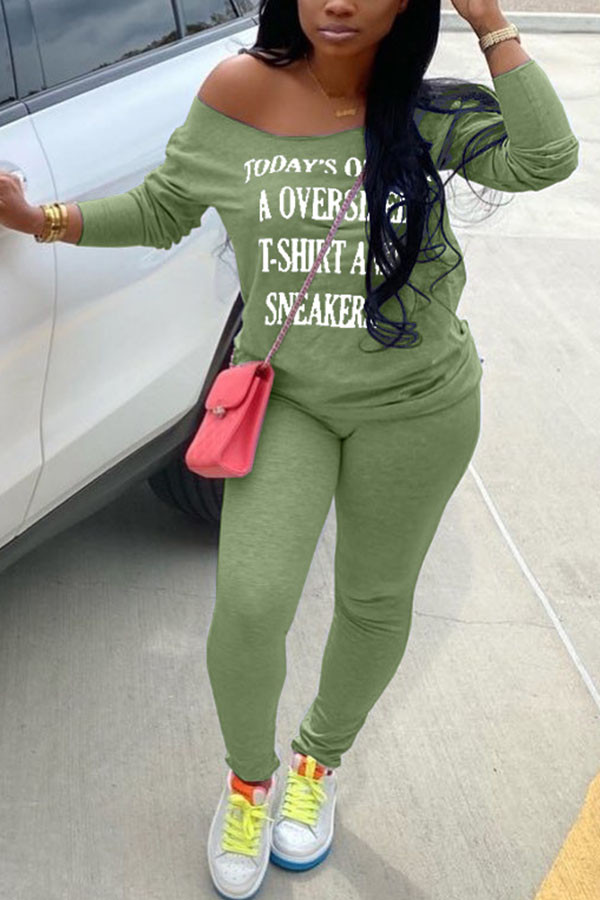 Green Fashion Sportswear Adult Milk Fiber Lettera Lettera Una spalla Manica lunga Una spalla Regular Due pezzi