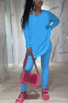Blue Fashion Casual Adult Polyester Solid Split Joint O Neck Long Sleeve Regular Sleeve Regular Two Pieces