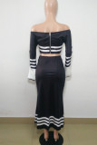 Black Sexy Striped Solid High Opening Strapless Long Sleeve Flare Sleeve Short Two Pieces