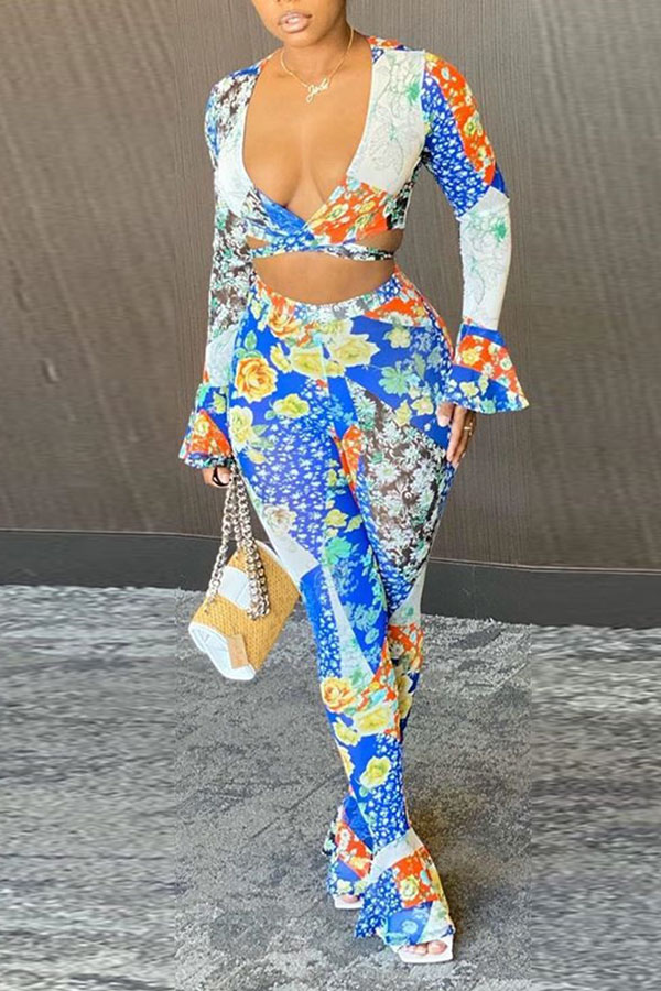 

Blue Street Polyester Print V Neck Skinny Jumpsuits