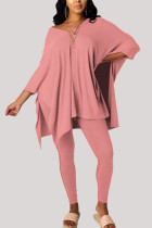 Pink Fashion Casual Adult Milk Fiber Solid Slit V Neck Three Quarter Batwing Sleeve Long Two Pieces