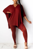 Maroon Fashion Casual Adult Milk Fiber Solid Slit V Neck Three Quarter Batwing Sleeve Long Two Pieces