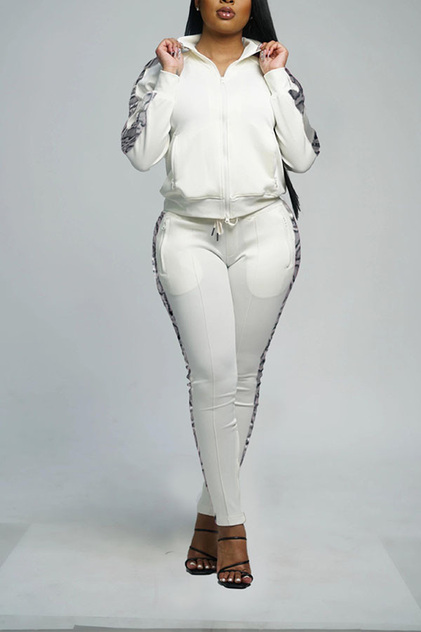 Vêtements de sport blancs, couleur unie, col à fermeture éclair, manches longues, manches régulières, deux pièces régulières
