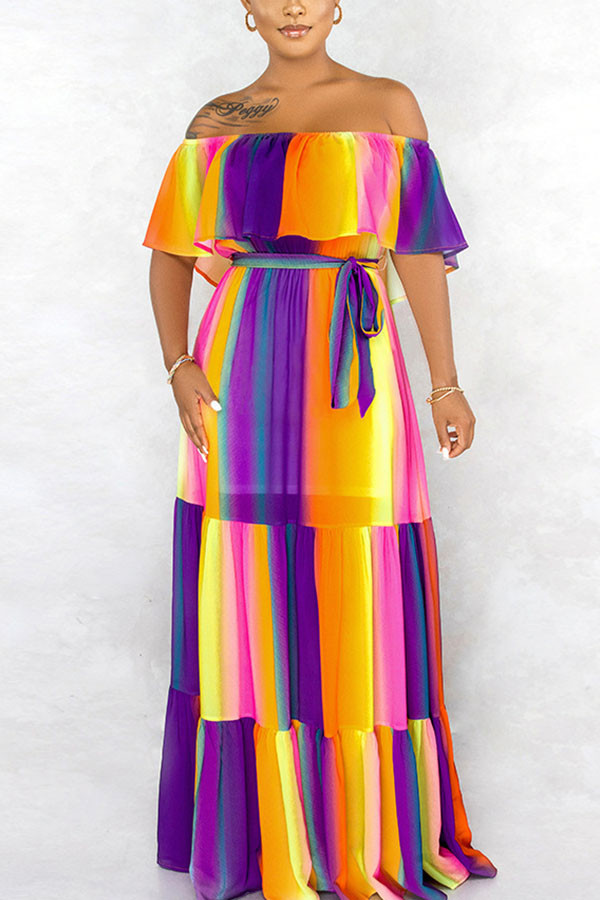 Цветная мода с уличным принтом Bateau Neck с коротким рукавом длиной до пола, платья линии