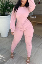 Pink Fashion Daily Adult Polyester Solid Fold O Neck Skinny Jumpsuits