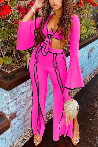 rose red Fashion Casual Adult Milk Fiber Patchwork Solid Patchwork V Neck Long Sleeve Flare Sleeve Short Two Pieces