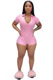 Pink Fashion Sexy Print Patchwork zipper Striped Short Sleeve V Neck 