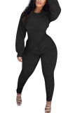 Black Fashion Daily Adult Solid Fold O Neck Skinny Jumpsuits