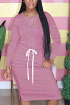 Розовая модная повседневная однотонная лоскутная футболка для взрослых с круглым вырезом и длинными рукавами до колена, платье-футболка, платья