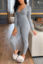Grey Casual Sportswear Polyester Fiber Solid Buttons V Neck Skinny Jumpsuits