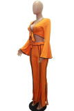 Orange Fashion Casual Adult Milk Fiber Patchwork Solid Patchwork V Neck Long Sleeve Flare Sleeve Short Two Pieces