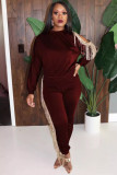 Red Casual Fashion adult HOLLOWED OUT tassel Solid Two Piece Suits pencil Long Sleeve