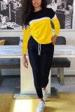 Желтая модная спортивная одежда для взрослых в стиле пэчворк, однотонная лоскутная одежда с круглым вырезом и длинным рукавом, обычный рукав, обычные две части