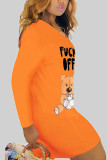 Orange Mode Lässig Erwachsener Charakterdruck Buchstabe V-Ausschnitt Langarm Knielang Bedrucktes Kleid Kleider