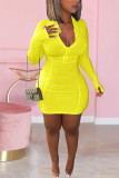 Yellow Cotton Fashion adult Ma'am Sweet Cap Sleeve Long Sleeves O neck Step Skirt skirt Solid chain Dresses