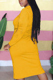 Желтая модная повседневная однотонная футболка в стиле пэчворк для взрослых с круглым вырезом и длинным рукавом до колена, платье-футболка, платья