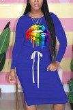 Ljusblå mode Casual Print Patchwork Drag String O Neck tryckta klänningar