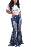 Dark Blue Fashion Casual Adult Letter Solid Tassel Ripped Letter O Neck Short Sleeve Regular Sleeve Regular Two Pieces