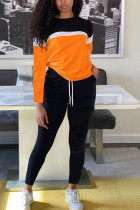Orange Mode-Sportbekleidung für Erwachsene, Patchwork, solides Patchwork, O-Ausschnitt, lange Ärmel, normale Ärmel, normale Zweiteile