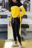 Amarillo moda ropa deportiva adulto Patchwork parches lisos cuello redondo manga larga Regular dos piezas