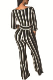 Blue Fashion Sexy Adult Striped Patchwork With Belt V Neck Loose Jumpsuits