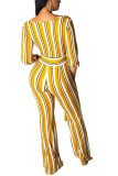 Patchwork a righe per adulti sexy moda gialla con tute larghe con scollo a V e cintura
