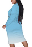 Светло-голубой модный повседневный взрослый постепенное изменение лоскутное принт лоскутное шитье с круглым вырезом с длинным рукавом до колен платье с принтом платья