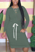 Verde oscuro moda Casual adulto parches lisos Draw String O cuello manga larga hasta la rodilla vestido de camiseta vestidos