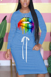 Blue Fashion Casual Print Patchwork Trekkoord O-hals bedrukte jurken