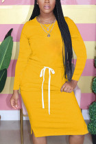 Robe T-shirt jaune à manches longues et col rond pour adulte, tenue décontractée, couleur unie, Patchwork, cordon de serrage, longueur aux genoux